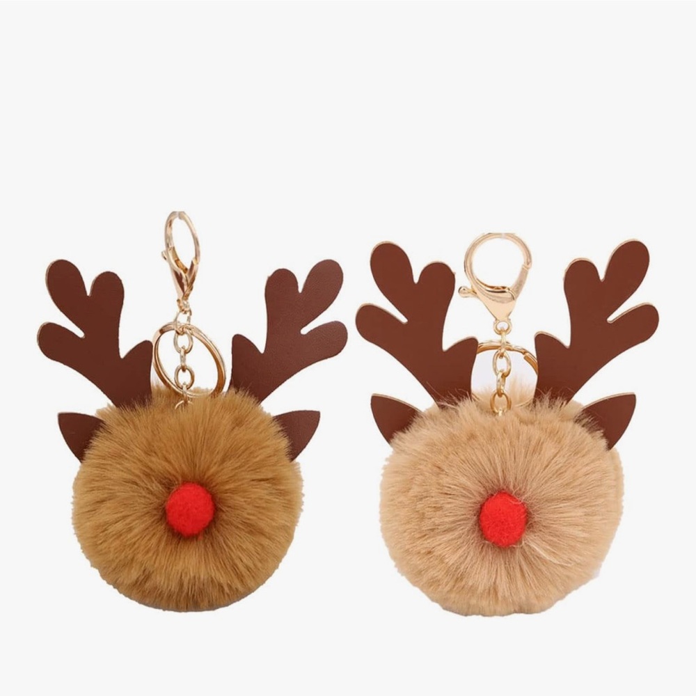 🆕2PCS Women Girls Christmas Reindeer Pom Pom Keyrings for handbags and more